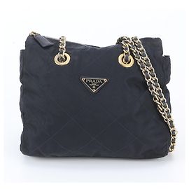 Prada Tessuto Nylon Quilted Leather Double Chain Shoulder Bag Tote Navy blue