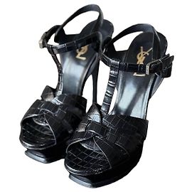 Autre Marque Saint Laurent Tribute Croc-Embossed Platform Sandals Black