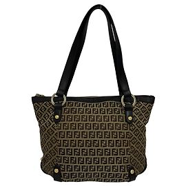 Saco Tote Fendi em lona e couro com padrão Zucchino FF Marrom Bege