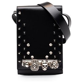 Alexander McQueen Black Studded Leather Skull Four Ring Crossbody Black