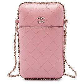 Chanel Rosa CC Stepplack-Lammleder Handyhalter mit Kette Pink