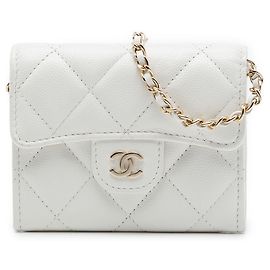 Chanel White CC Quilted Caviar Flap Kartenetui mit Kette Weiß