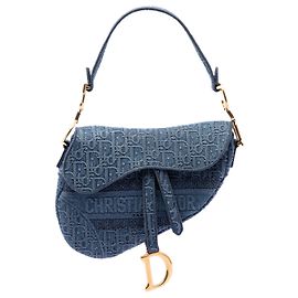 Bolsa Saddle em denim azul bordado Oblique Dior Azul