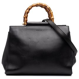 Gucci Black Medium Leather Bamboo Nymphaea Satchel Black