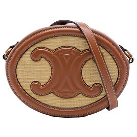 Céline Celine Beige Straw Effect Canvas Cuir Triomphe Oval Crossbody Bege