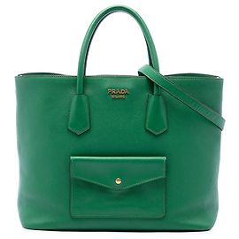 Prada Green Saffiano Cuir Front Pocket Convertible Tote Green