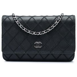 Chanel Black CC Lambskin Wild Stitch Wallet on Chain Black