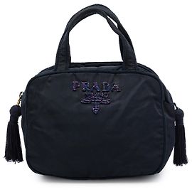 Prada Blue Tessuto Beaded Logo Tassel Handbag Blue Navy blue