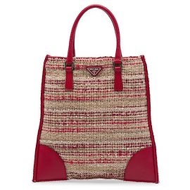 Tote plana de tweed com acabamento em Vitello vermelho Prada Vermelho