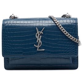 Autre Marque Saint Laurent Blue Mini Croc Embossed Leather  Monogram Sunset Wallet on Chain Blue