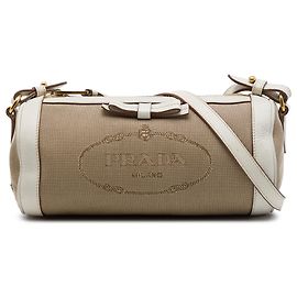 Prada Beige Canvas Canapa Logo Bow Barrel Crossbody Bege