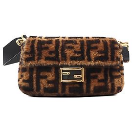 Fendi Brown Medium Zucca Shearling Baguette Satchel Brown
