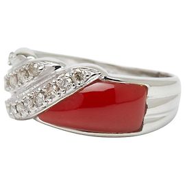 Autre Marque Pt900 Platinring mit Koralle und Diamant Rot