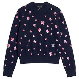 Chanel Pull Cachemire Motif Floral Bleu Foncé Rose Bleu foncé