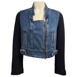Chloé Chloe Vintage Blue Dual Zipper Front Denim Jacket with Navy Wool and Angora Knit Sleeves Blue