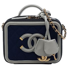 Bolso Vanity Chanel Small Tricolor Jersey CC Filigree azul Azul