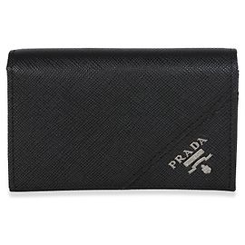 Prada Black Saffiano Logo Flap Card Holder Black