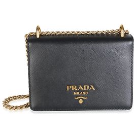 Bolso de solapa Prada Black Saffiano Logo Chain Negro