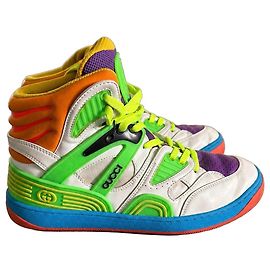 Gucci Basket Mehrfarbige Leder High-Top Sneaker Weiß Rot Blau Mehrfarben Grün Orange Lila Gelb