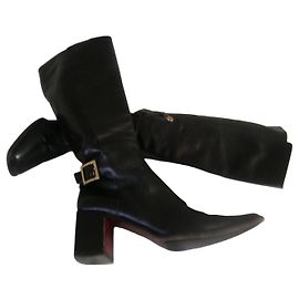 Sergio Rossi Botas Altas Cuero Negro Tacón Cuadrado Negro