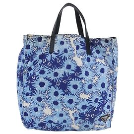 Sac cabas Prada en nylon Tessuto avec logo triangle et fleurs en cuir Bleu