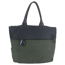Prada Tessuto Nylon Triangle Logo Leather Tote Bag Green Khaki