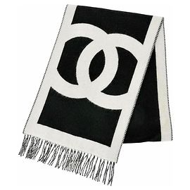 Bufanda larga bicolor con flecos de cachemira Chanel Negro Blanco