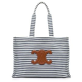 Céline Celine Cabas Thais Tote en toile rayée Triomphe blanc Large Blanc
