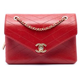Chanel Red Small Chevron Lambskin Stitched Envelope Flap Red