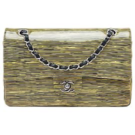 Chanel Yellow Medium Classic Patent Striped Double Flap Jaune