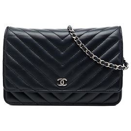 Portafoglio Chanel Black CC Chevron Lambskin Wallet On Chain Nero
