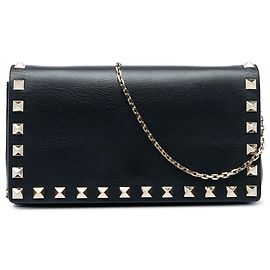 Valentino Black Calfskin Rockstud Wallet On Chain Black