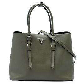 Bolso Satchel Prada Verde Grande de Cuero Saffiano con Doble Asa Verde Verde oliva