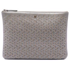 Chanel Gray Medium Studded Lambskin O Case Clutch Brown