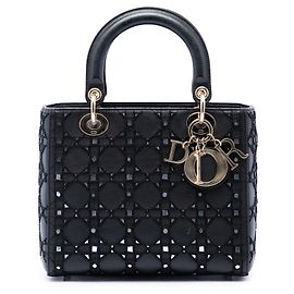 Lady Dior Dior em pele de vitela Cannage preta tamanho Medium, adornada com missangas e strass Preto