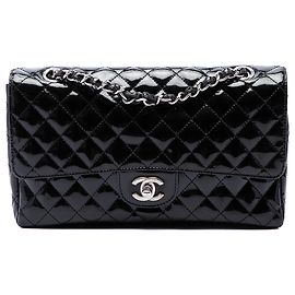 Chanel Black Medium Quilted Patent Secret Label Flap Noir