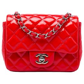 Chanel Red Mini Square Classic Patent Single Flap Rot