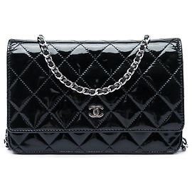 Chanel Black CC Quilted Patent Wallet On Chain Black
