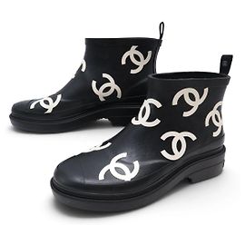 NEW CHANEL SHORT RAIN BOOTS G45076 MULTI LOGO CC 38 Black