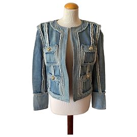 Balmain Veste en Jean à Franges et Boutons Dorés Bleu
