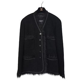 Chanel Schwarze Wolljacke mit Pelzbesatz Schwarz