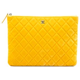 Yellow Chanel Medium CC Quilted Velvet O Case Clutch Yellow