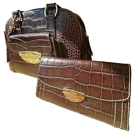 Lancel Adjani Conjunto de Mala e Carteira em Pele Efeito Croco Castanho Marrom