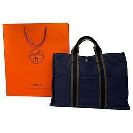 Sac cabas vintage Hermès Canvas Navy Olive Green Bleu Marine