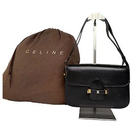 Céline Bolsa Tiracolo de Aba em Couro Celine Vintage Final dos anos 1970 Preta Preto