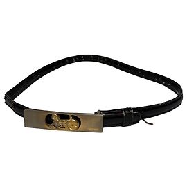 Céline Cinto Vintage Celine de Couro Fivela Carruagem Final dos Anos 1970 Preto Dourado Preto