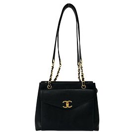 Chanel Coco Mark Caviar Skin Semi-Shoulder Bag Tote Black