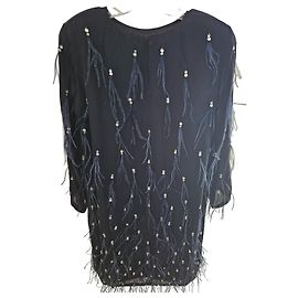 Vestido Dries van Noten em seda preta com ornamentos de penas Preto Azul marinho