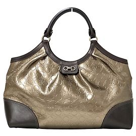 Salvatore Ferragamo Double Gancini Tote Bag Braun Golden