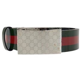 GUCCI Ledergürtel mit GG-Muster und Web-Streifen Grün